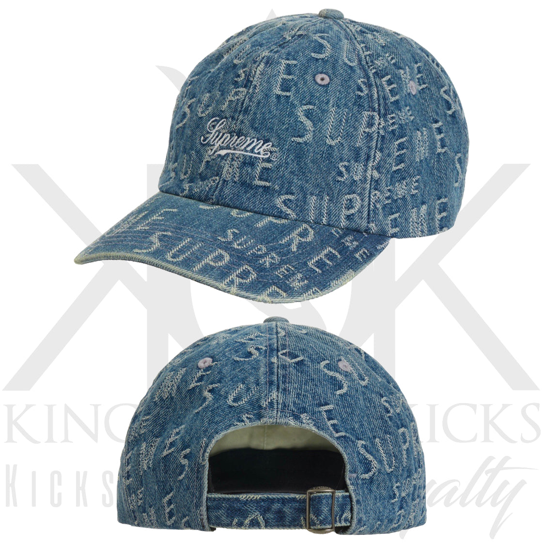 Supreme Warp Jacquard Logos Denim 6 Panel Blue – Kingdom of Kicks